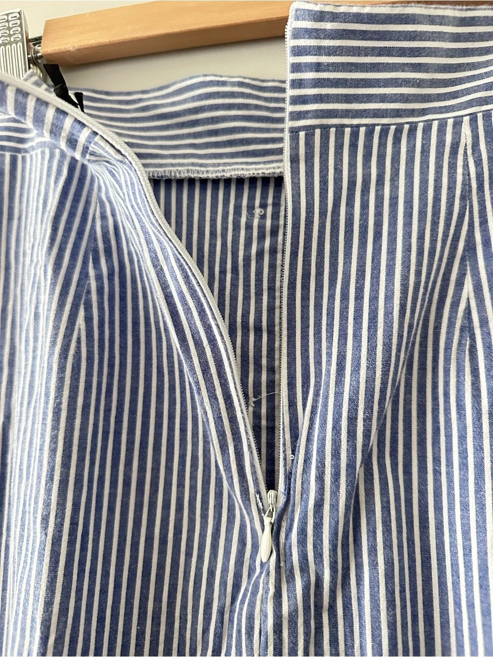 Striped Blue Button-Front Midi Skirt with Ruffle Hem